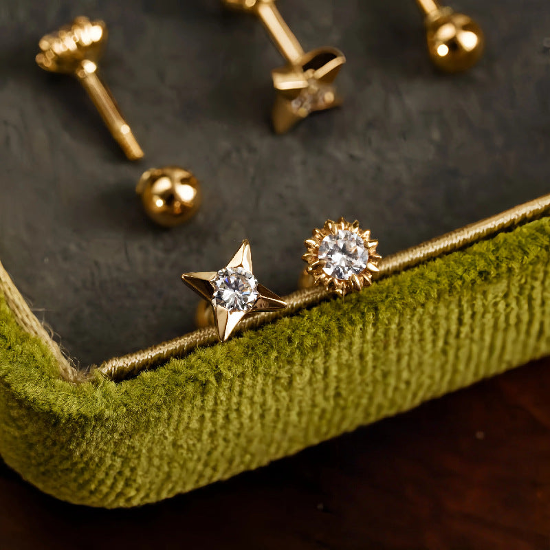 S925 Sterling Silver 18K Gold Plated Sun and Star Single Diamond Screw Bead Ear Studs for Women