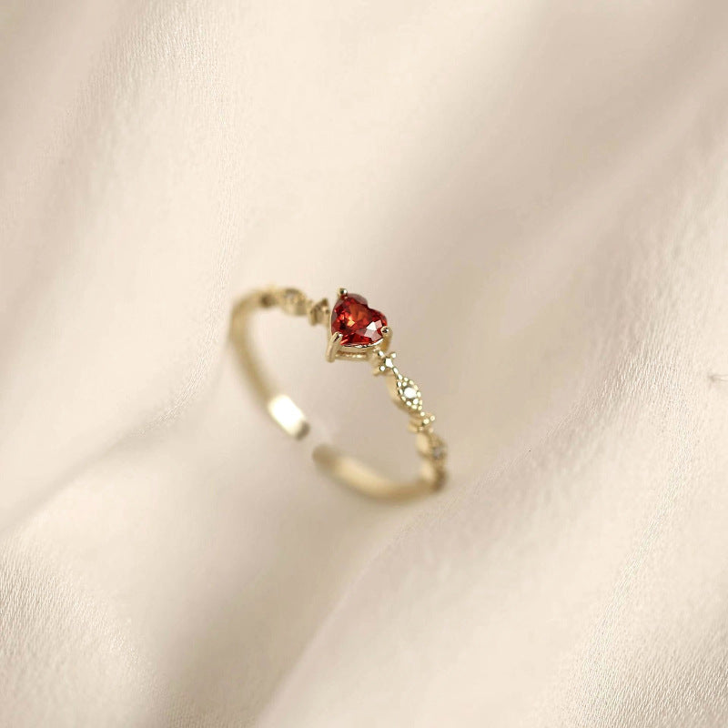 S925 Sterling Silver Plated with 14k Gold Heart Ruby Open Ring for Women Tail Ring