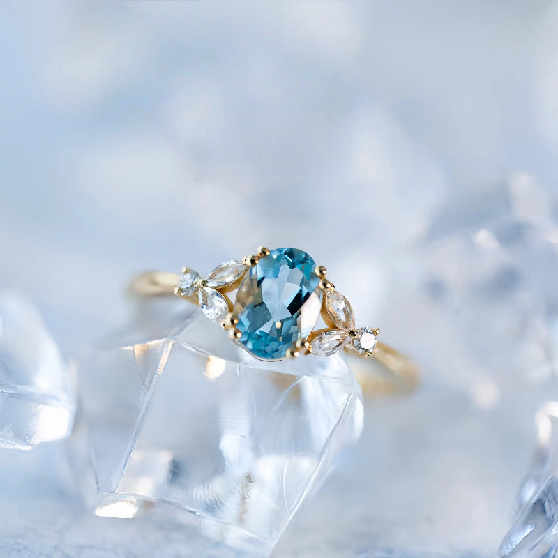 S925 Sterling Silver Plated 18K Gold Aquamarine Diamond Ring