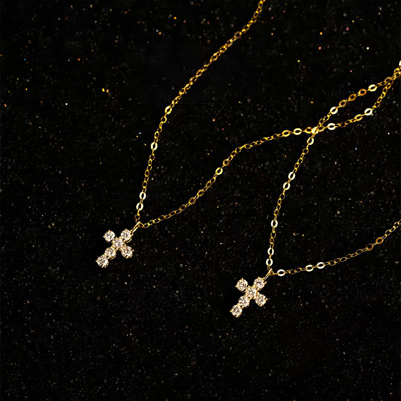 S925 Sterling Silver Plated 16K Gold Mini Diamond Cross Necklace