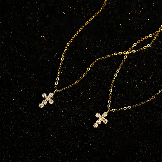 S925 Sterling Silver Plated 16K Gold Mini Diamond Cross Necklace