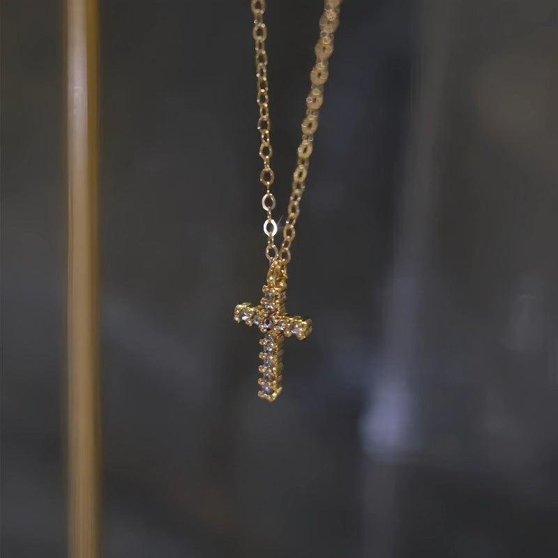 S925 Sterling Silver 14K Gold Plated Full Diamond Double Cross Necklace