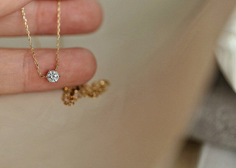 S925 Sterling Silver Plated 14K Gold Classic Single Diamond Necklace Six Claw Zircon Clavicle Chain