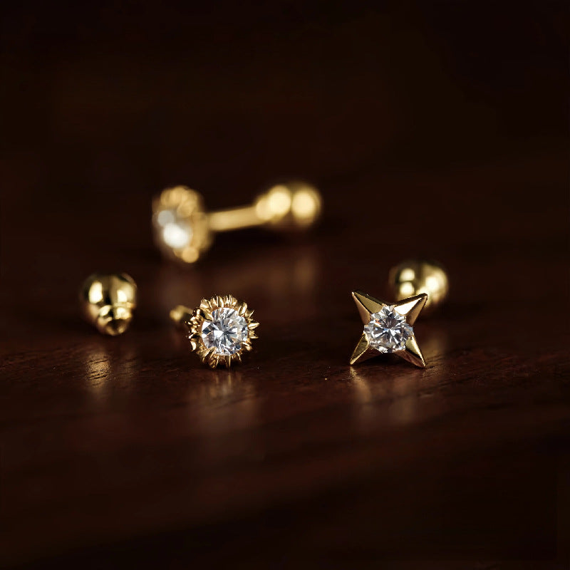 S925 Sterling Silver 18K Gold Plated Sun and Star Single Diamond Screw Bead Ear Studs for Women