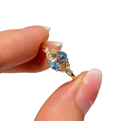 S925 Sterling Silver Plated 18K Gold Aquamarine Diamond Ring