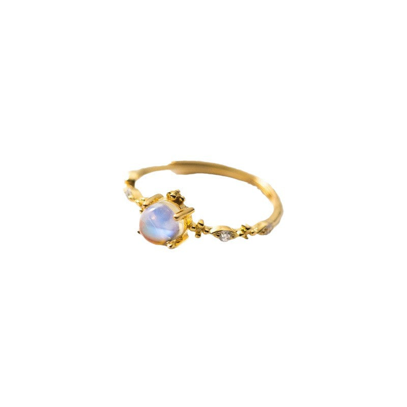 S925 Sterling Silver Gold Plated Female Ring Dreamy Blue Light Moonstone Ring