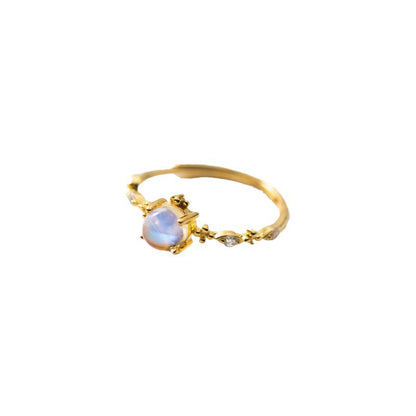 S925 Sterling Silver Gold Plated Female Ring Dreamy Blue Light Moonstone Ring