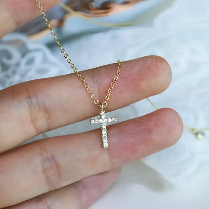S925 Sterling Silver Plated 14K Gold Full Diamond Cross Collarbone Necklace