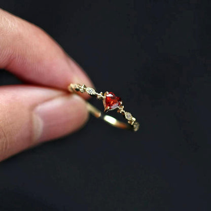 S925 Sterling Silver Plated with 14k Gold Heart Ruby Open Ring for Women Tail Ring
