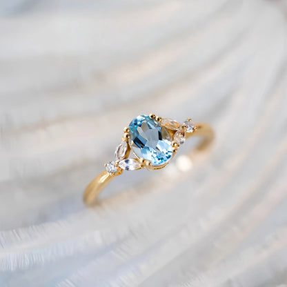 S925 Sterling Silver Plated 18K Gold Aquamarine Diamond Ring