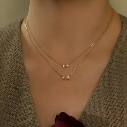 S925 Sterling Silver Plated 14K Gold Pearl Shell Bead Single Diamond Necklace