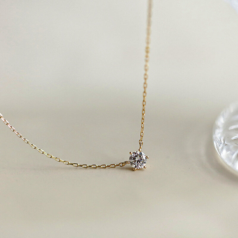 S925 Sterling Silver Plated 14K Gold Classic Single Diamond Necklace Six Claw Zircon Clavicle Chain