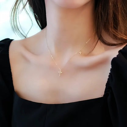 S925 Sterling Silver 14K Gold Plated Full Diamond Double Cross Necklace