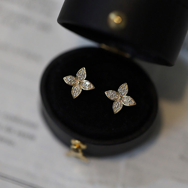 S925 Sterling Silver Plated 14K Gold Earrings Flower Micro Inlaid Zirconia Diamond Niche Design Earrings