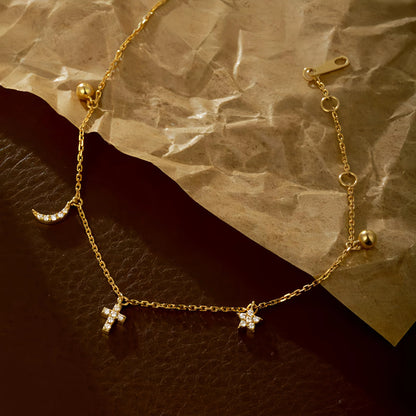 S925 Sterling Silver Plated 16K Gold Star Moon Bracelet for Women, Niche Design, Ins Style, Star Moon Cross Personality Jewelry