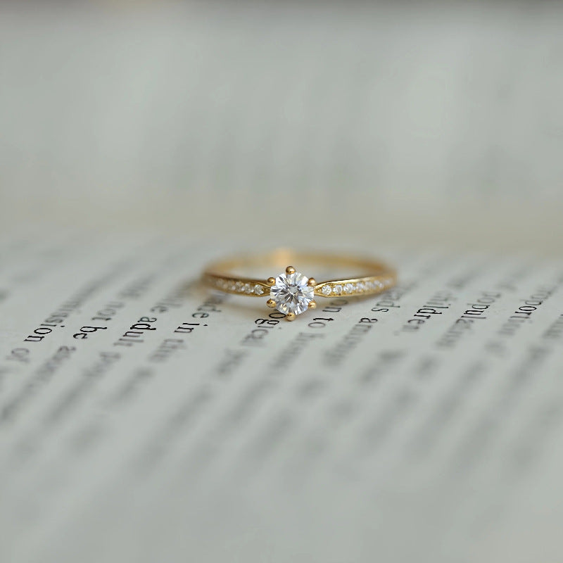 S925 Sterling Silver 18K Gold Plated Classic Six-Prong Diamond Ring for Women
