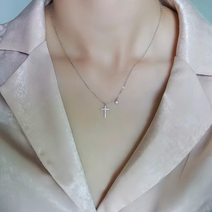 S925 Sterling Silver Plated 14K Gold Full Diamond Cross Collarbone Necklace