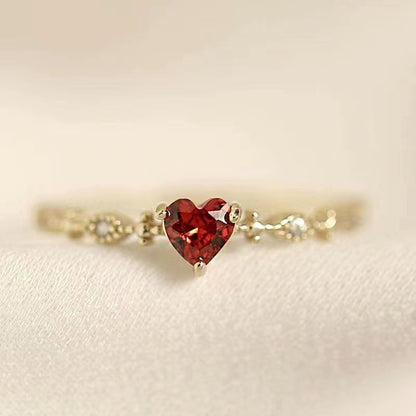 S925 Sterling Silver Plated with 14k Gold Heart Ruby Open Ring for Women Tail Ring