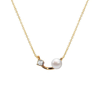 S925 Sterling Silver Plated 14K Gold Pearl Shell Bead Single Diamond Necklace