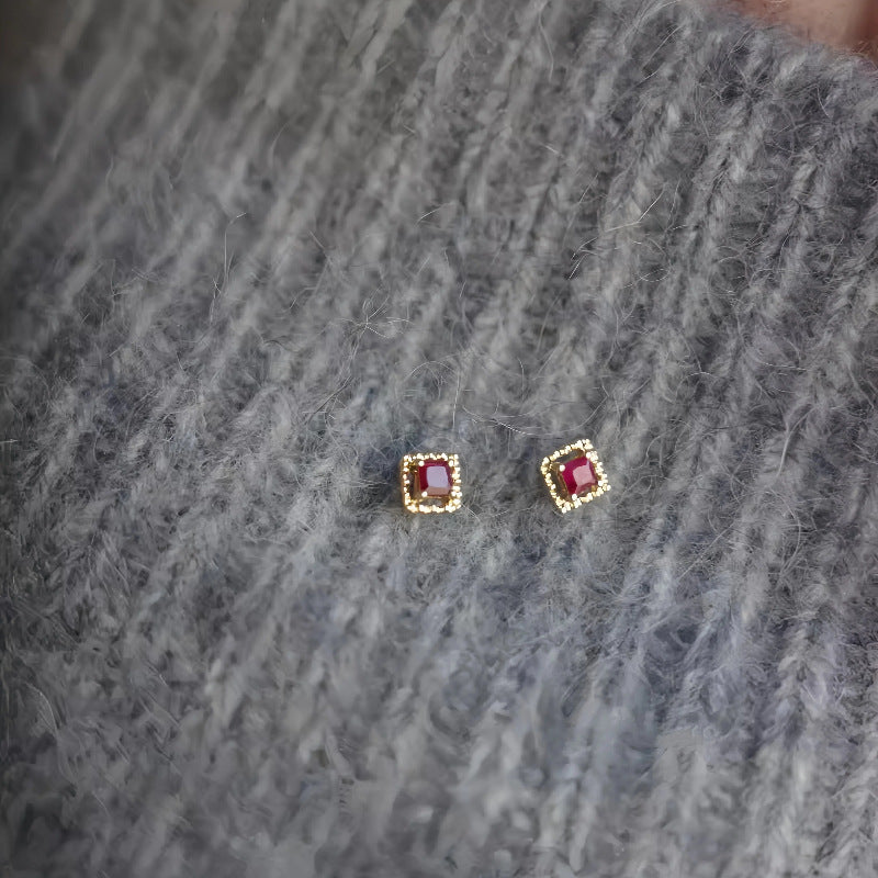 S925 Sterling Silver Plated 14K Gold Micro Inlaid Small Zirconia Ruby Stud Earrings