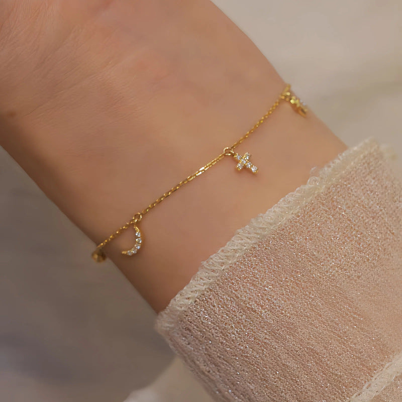 S925 Sterling Silver Plated 16K Gold Star Moon Bracelet for Women, Niche Design, Ins Style, Star Moon Cross Personality Jewelry