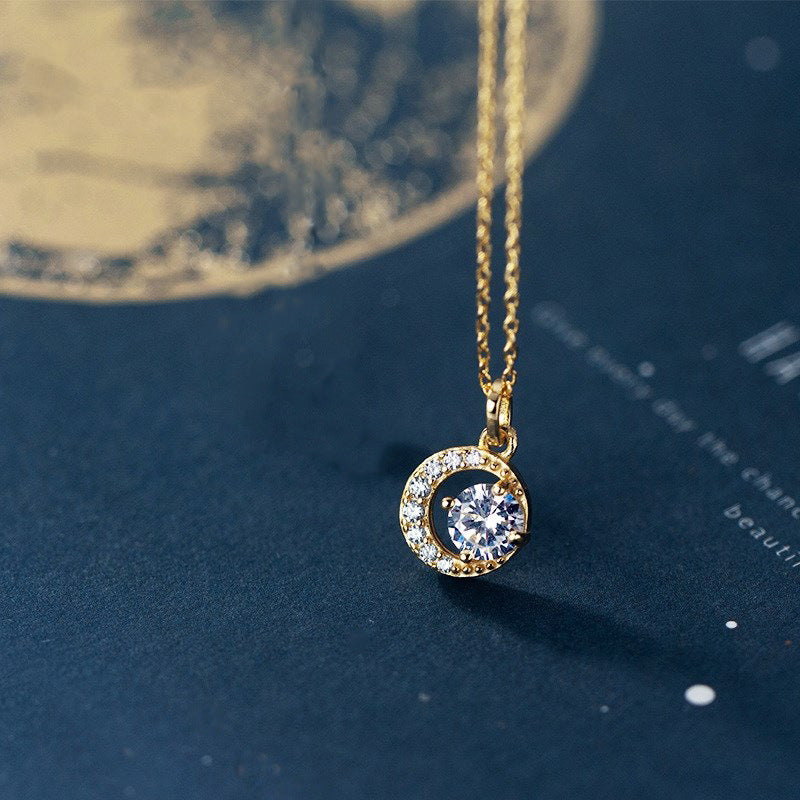 S925 Sterling Silver Plated 14K Gold Crescent Moon Pendant Necklace