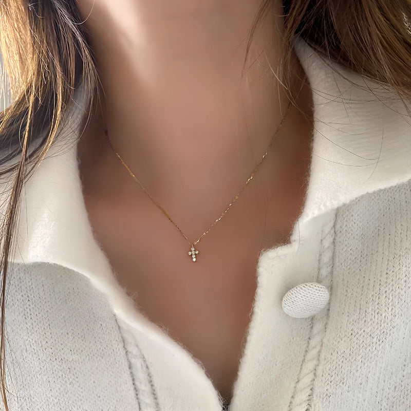 S925 Sterling Silver Plated 16K Gold Mini Diamond Cross Necklace
