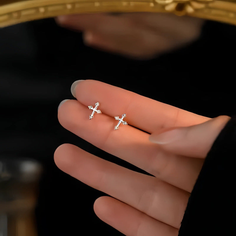 S925 Sterling Silver Plated 14K Gold Personalized Trendy Mini Cross Earrings Unisex