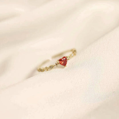 S925 Sterling Silver Plated with 14k Gold Heart Ruby Open Ring for Women Tail Ring