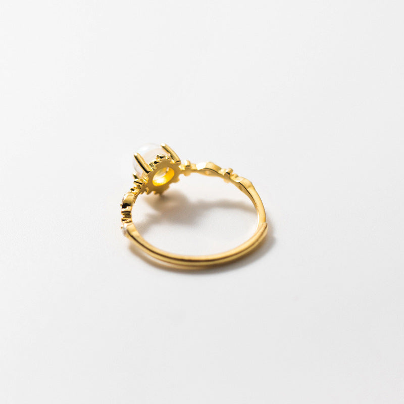 S925 Sterling Silver Gold Plated Female Ring Dreamy Blue Light Moonstone Ring