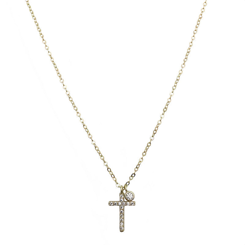 S925 Sterling Silver Plated 14K Gold Full Diamond Cross Collarbone Necklace