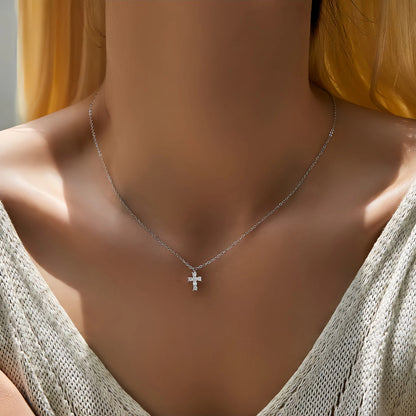 S925 Sterling Silver Plated 16K Gold Mini Diamond Cross Necklace