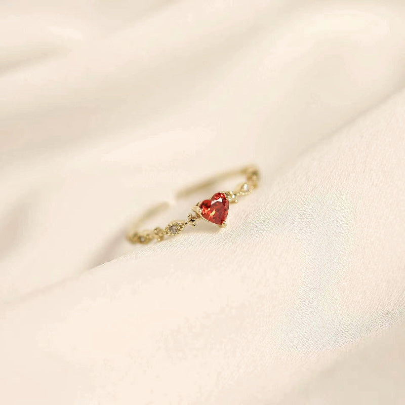 S925 Sterling Silver Plated with 14k Gold Heart Ruby Open Ring for Women Tail Ring