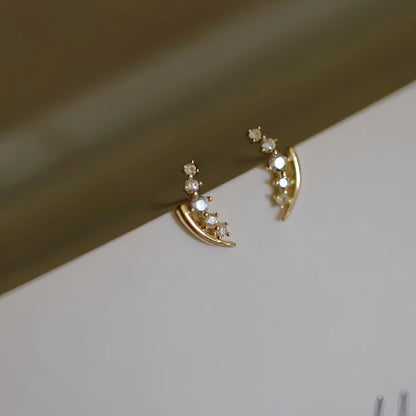 S925 Sterling Silver Plated 14K Gold Wheat Spike Gradient Diamond Curved Earrings