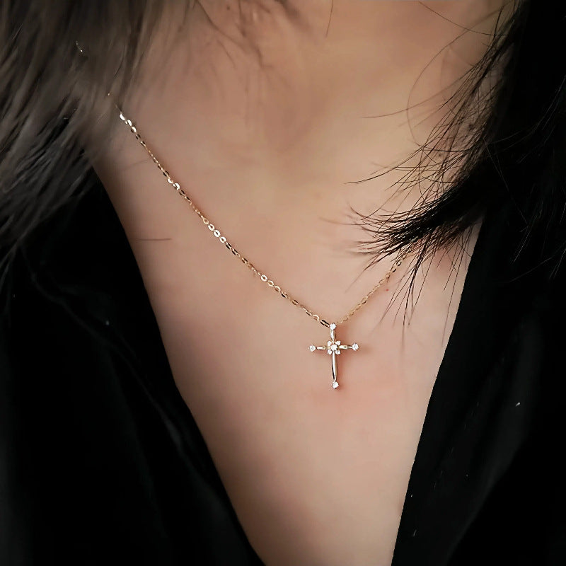 S925 Sterling Silver Plated 14K Gold Classic Diamond Cross Necklace Collarbone Chain Pendant