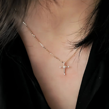 S925 Sterling Silver Plated 14K Gold Classic Diamond Cross Necklace Collarbone Chain Pendant