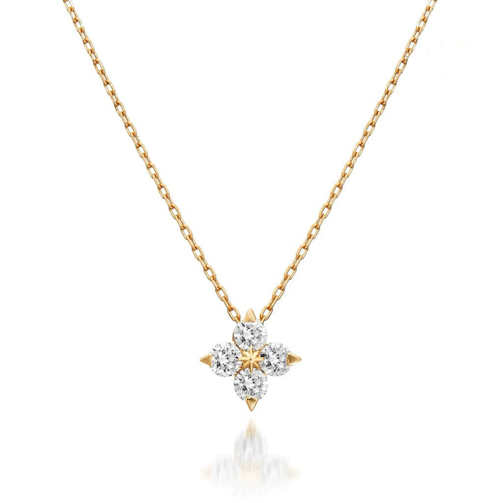 S925 Sterling Silver Plated 14K Zirconia Diamond Gold Classic Four-leaf Clover Collarbone Necklace