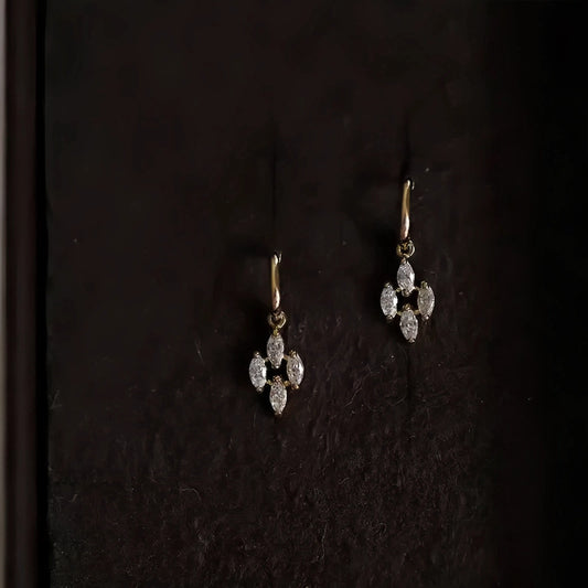 S925 Sterling Silver Plated 14K Gold Four Diamond Rhombus Stud Earrings