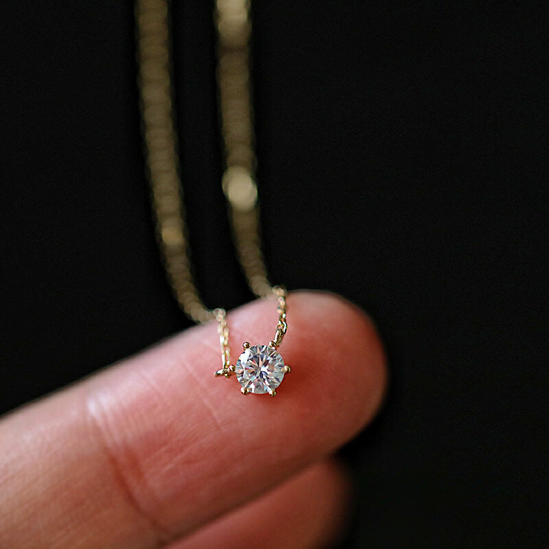 S925 Sterling Silver Plated 14K Gold Classic Single Diamond Necklace Six Claw Zircon Clavicle Chain
