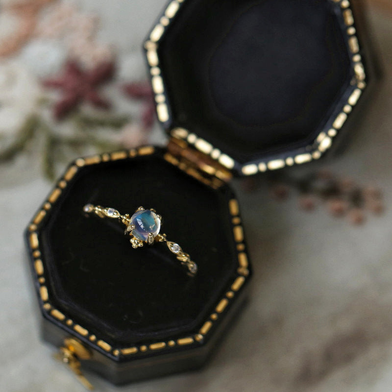 S925 Sterling Silver Gold Plated Female Ring Dreamy Blue Light Moonstone Ring
