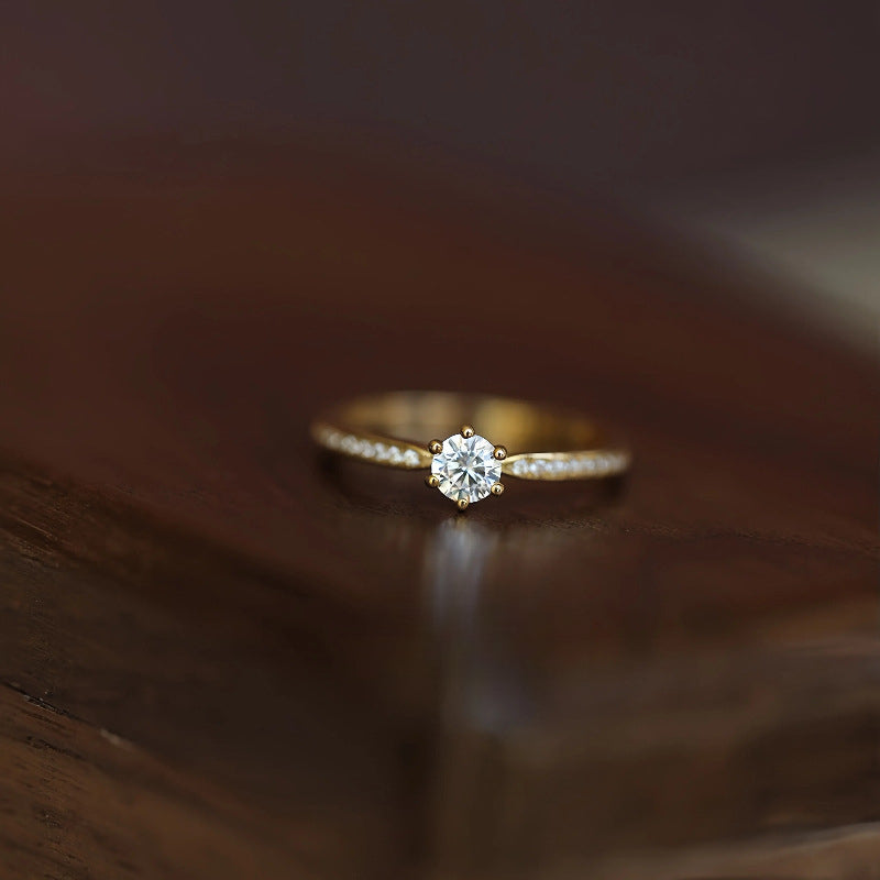 S925 Sterling Silver 18K Gold Plated Classic Six-Prong Diamond Ring for Women
