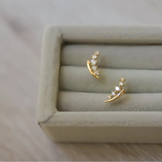 S925 Sterling Silver Plated 14K Gold Wheat Spike Gradient Diamond Curved Earrings