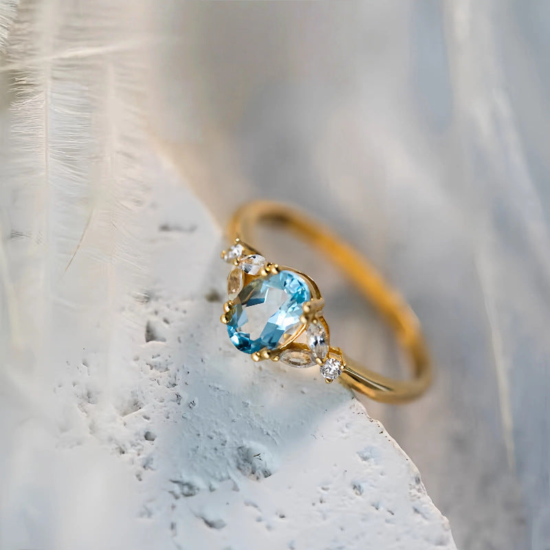 S925 Sterling Silver Plated 18K Gold Aquamarine Diamond Ring