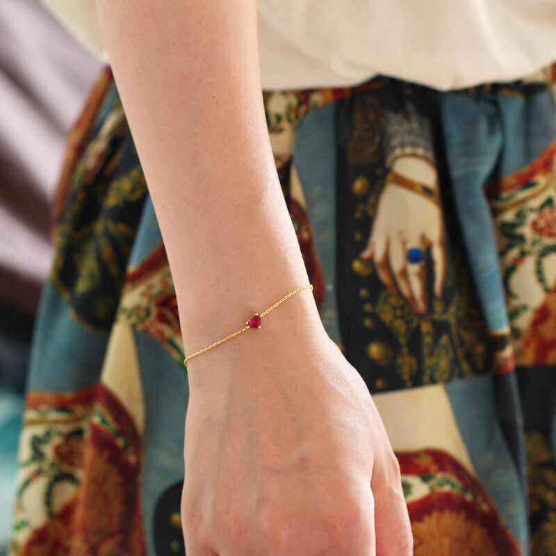 S925 Sterling Silver Plated 14K Gold Small Red Heart Bracelet