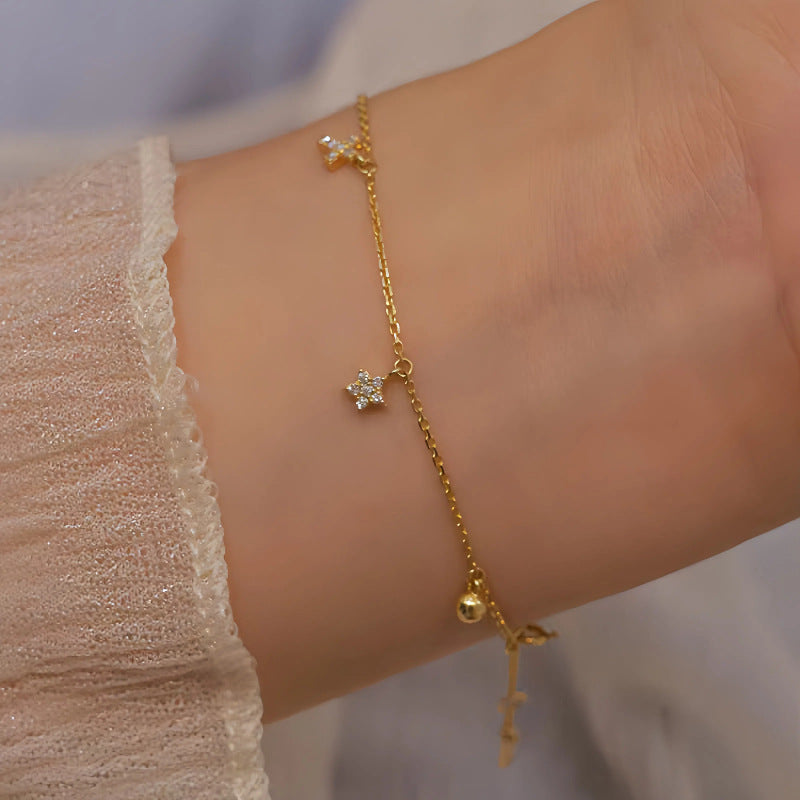 S925 Sterling Silver Plated 16K Gold Star Moon Bracelet for Women, Niche Design, Ins Style, Star Moon Cross Personality Jewelry