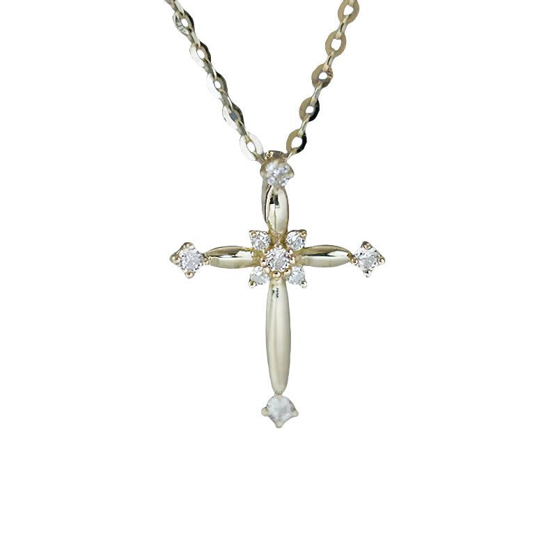 S925 Sterling Silver Plated 14K Gold Classic Diamond Cross Necklace Collarbone Chain Pendant