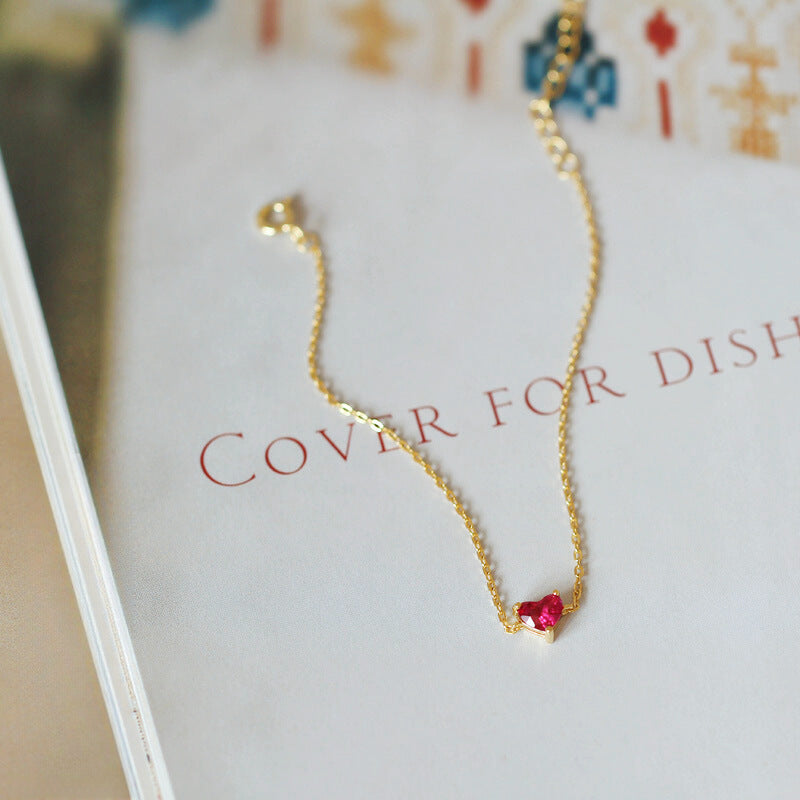 S925 Sterling Silver Plated 14K Gold Small Red Heart Bracelet