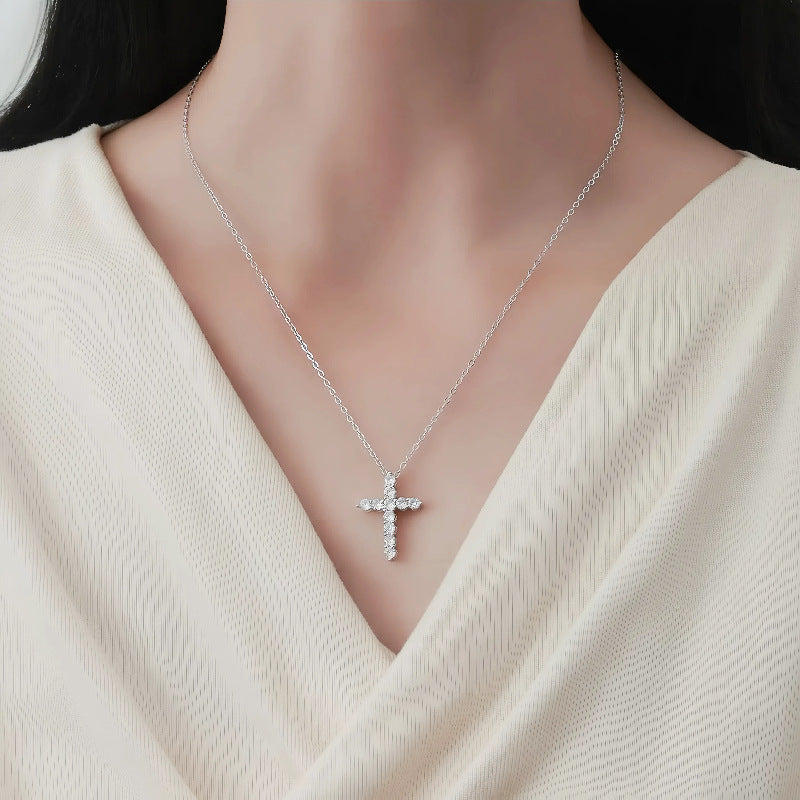 S925 Sterling Silver Plated 14K Gold Full Diamond Cross Necklace