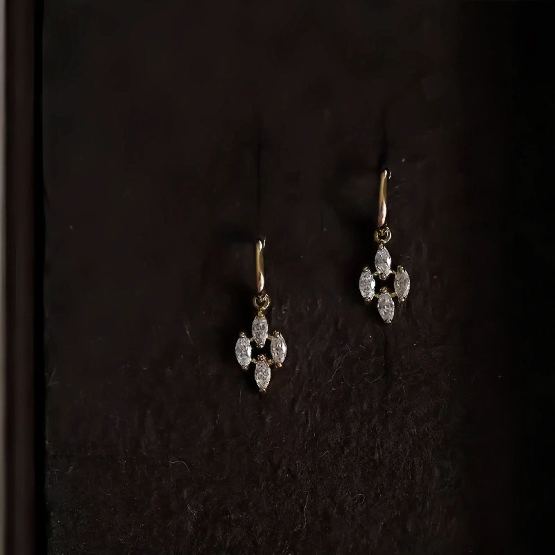 S925 Sterling Silver Plated 14K Gold Four Diamond Rhombus Stud Earrings