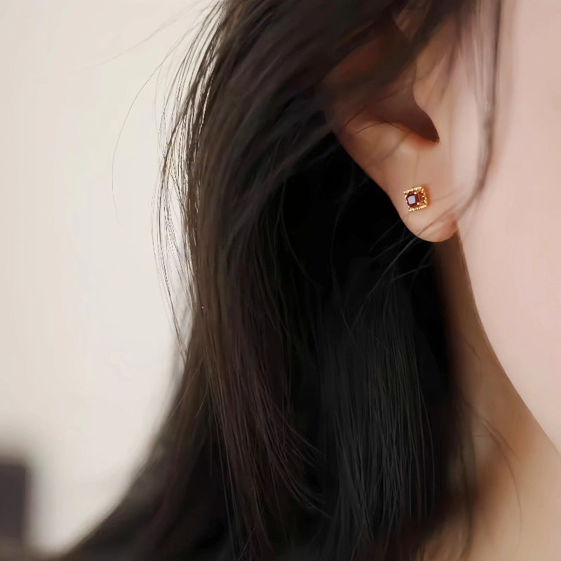 S925 Sterling Silver Plated 14K Gold Micro Inlaid Small Zirconia Ruby Stud Earrings